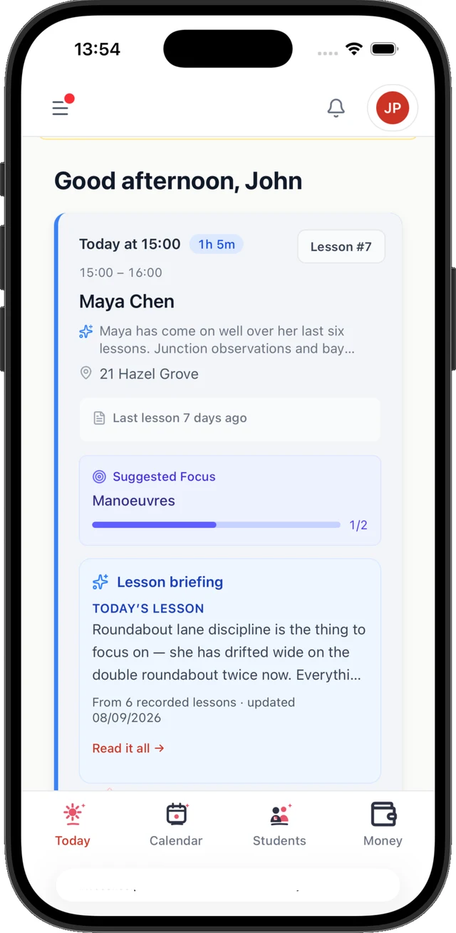 DriveSchoolPro on an instructor’s iPhone: the Today screen with the next lesson, suggested focus and lesson briefing