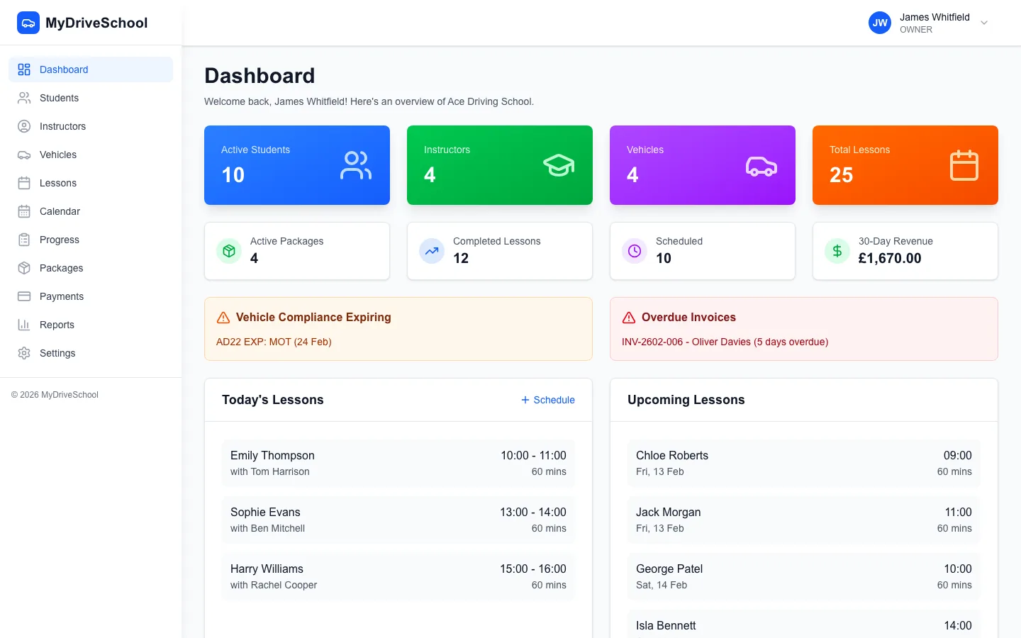 The DriveSchoolPro dashboard overview showing the day's lessons and business metrics.