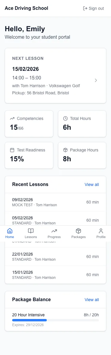 A pupil's student portal on a phone showing their next lesson, competencies covered, test readiness and remaining package hours.